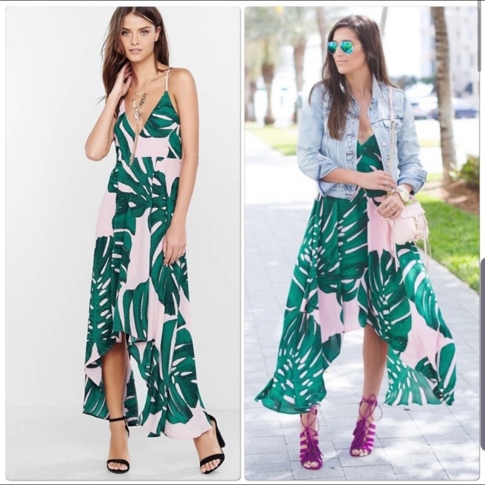 Express Pink And Green Palm Tree High Low Dress